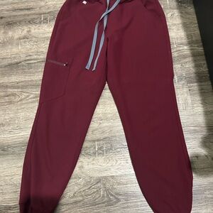 Figs Burgundy Jogger Pants with Gray Drawstring